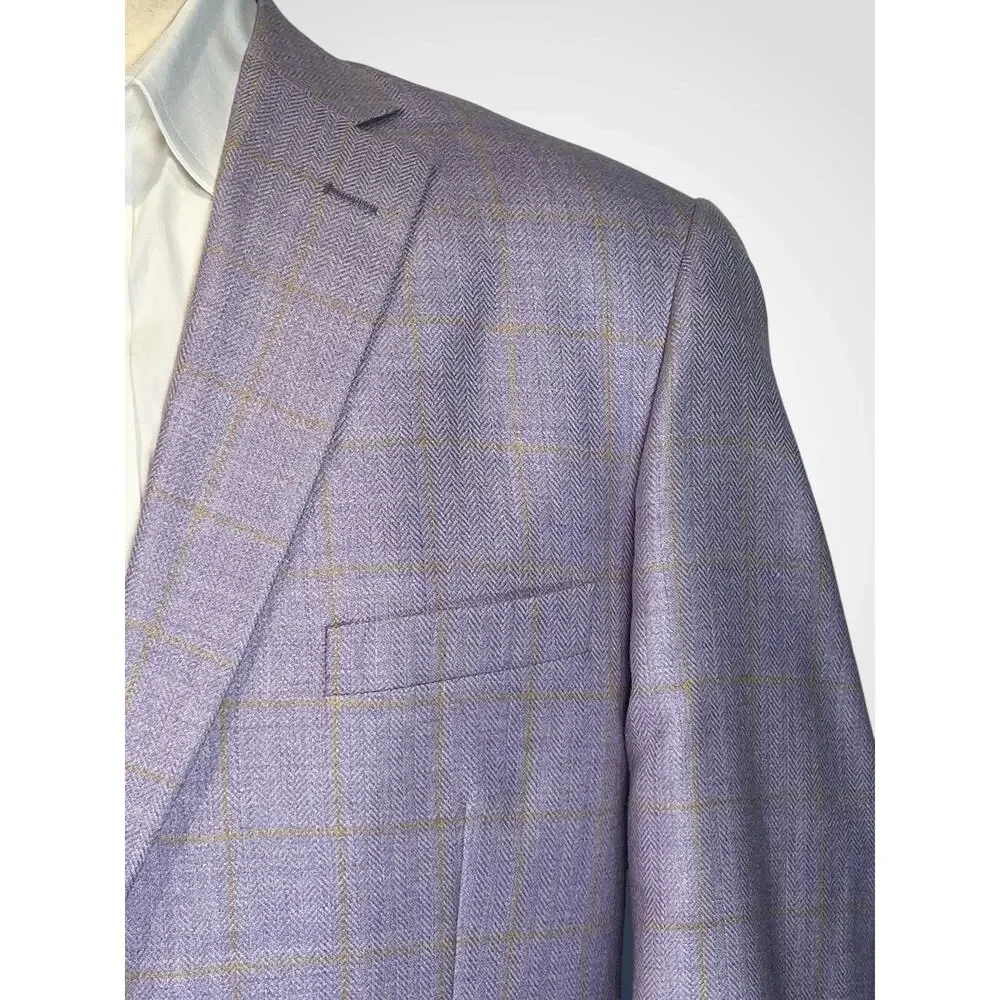Paul Fredrick Blazer 50R Purple Lavender Camel Gold Plaid Herringbone Silk Wool